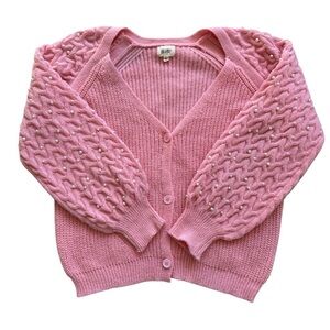 BiBi Women's Pink Pearl Beaded Cardigan Sweater Size L Balloon Sleeve Knit Cozy